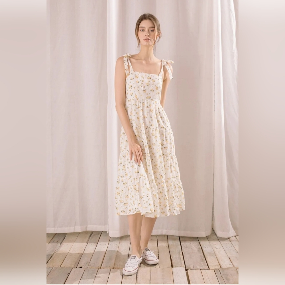 Storia Carin Rose Floral Tie Strap Midi Dress NWT M Beautiful Cotton